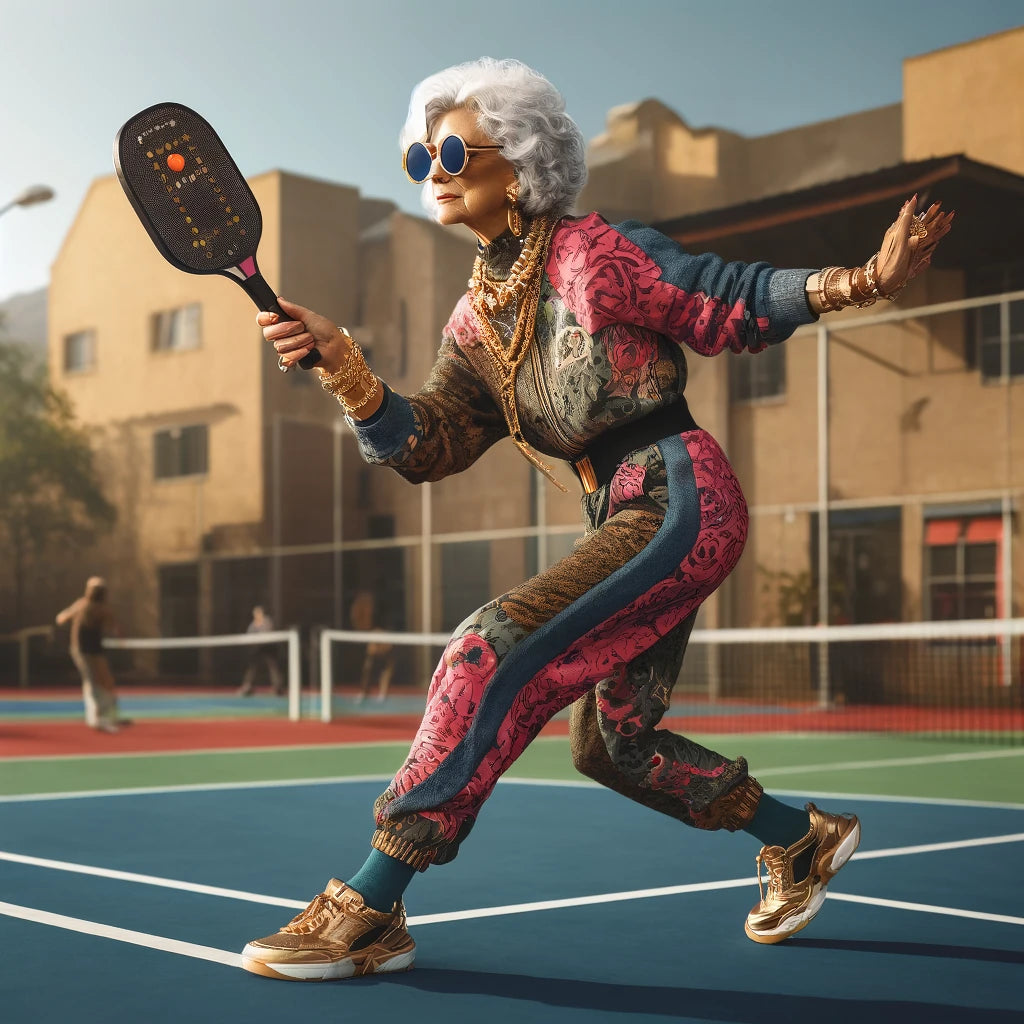 Energetic elderly woman with vibrant athletic wear playing pickleball, showcasing the health benefits and inclusivity of the sport for seniors.