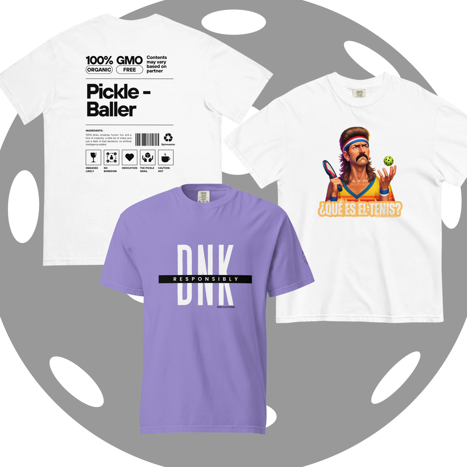 Assortment of DNK pickleball-inspired tees in vibrant colors displayed on a wooden rack, showcasing the latest trends in athletic wear with bold designs and sporty chic aesthetics.